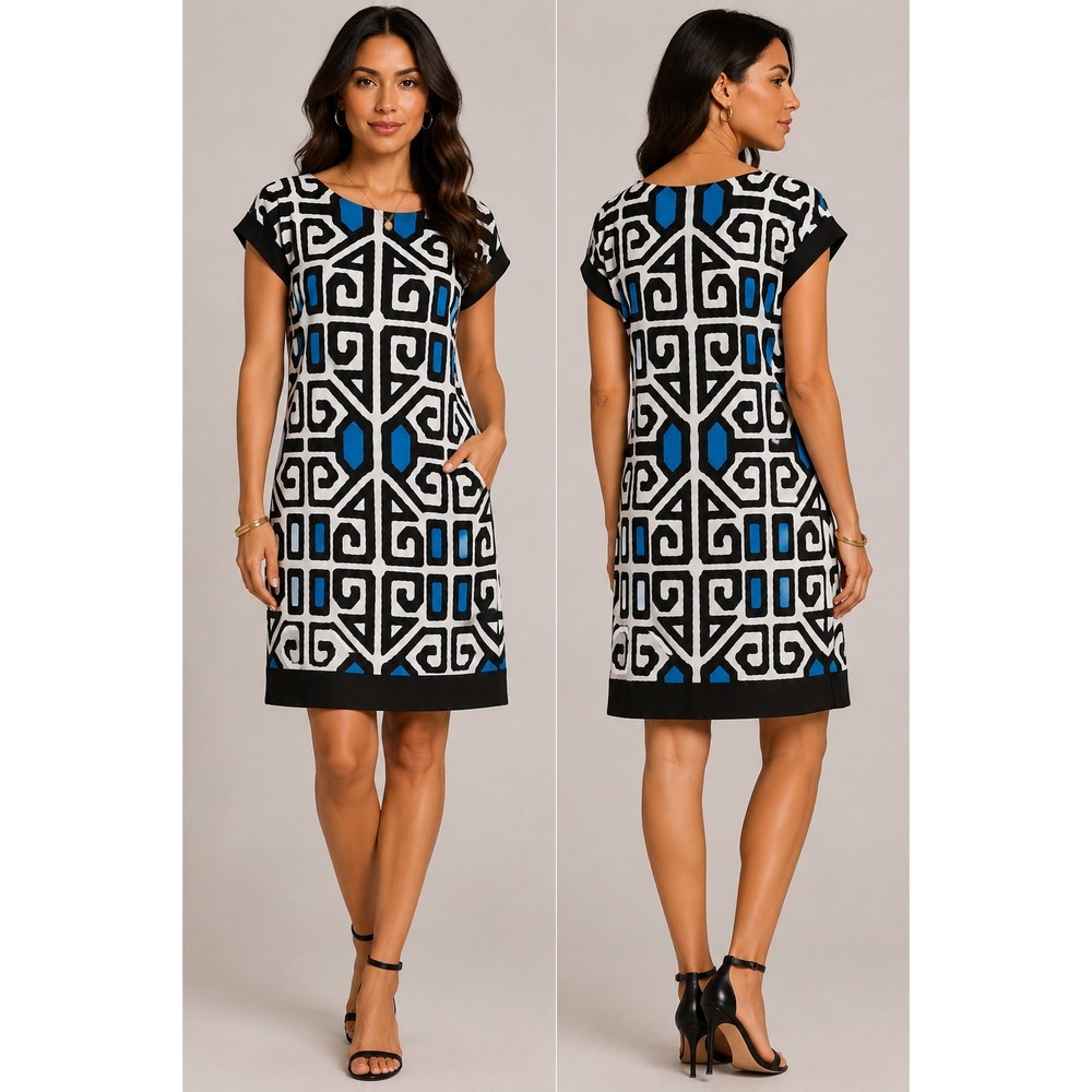 Cache Sheath Dress Women 10 Mod Retro Aesthetic Geometric Cobalt Blue Cap Sleeve